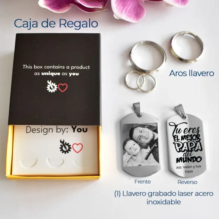 Exemplo do conteúdo: caixa de presente Custom Love, argolas e chaveiro personalizado